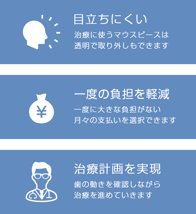 目立たない：透明のマウスピースで、口元への視線が気にならない 家計にやさしい：月々の支払だから一度に大きな負担がない 確実性の高い治療：治療計画をそのまま実現・理想通りの治療結果